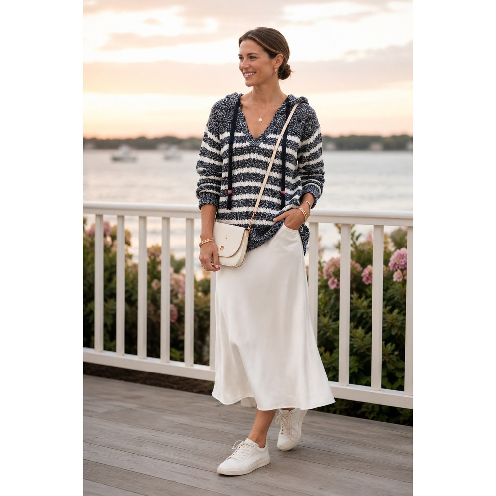 NWT White + Warren Speckled Striped Hoodie Sweater XS Costal Beachy Sailor